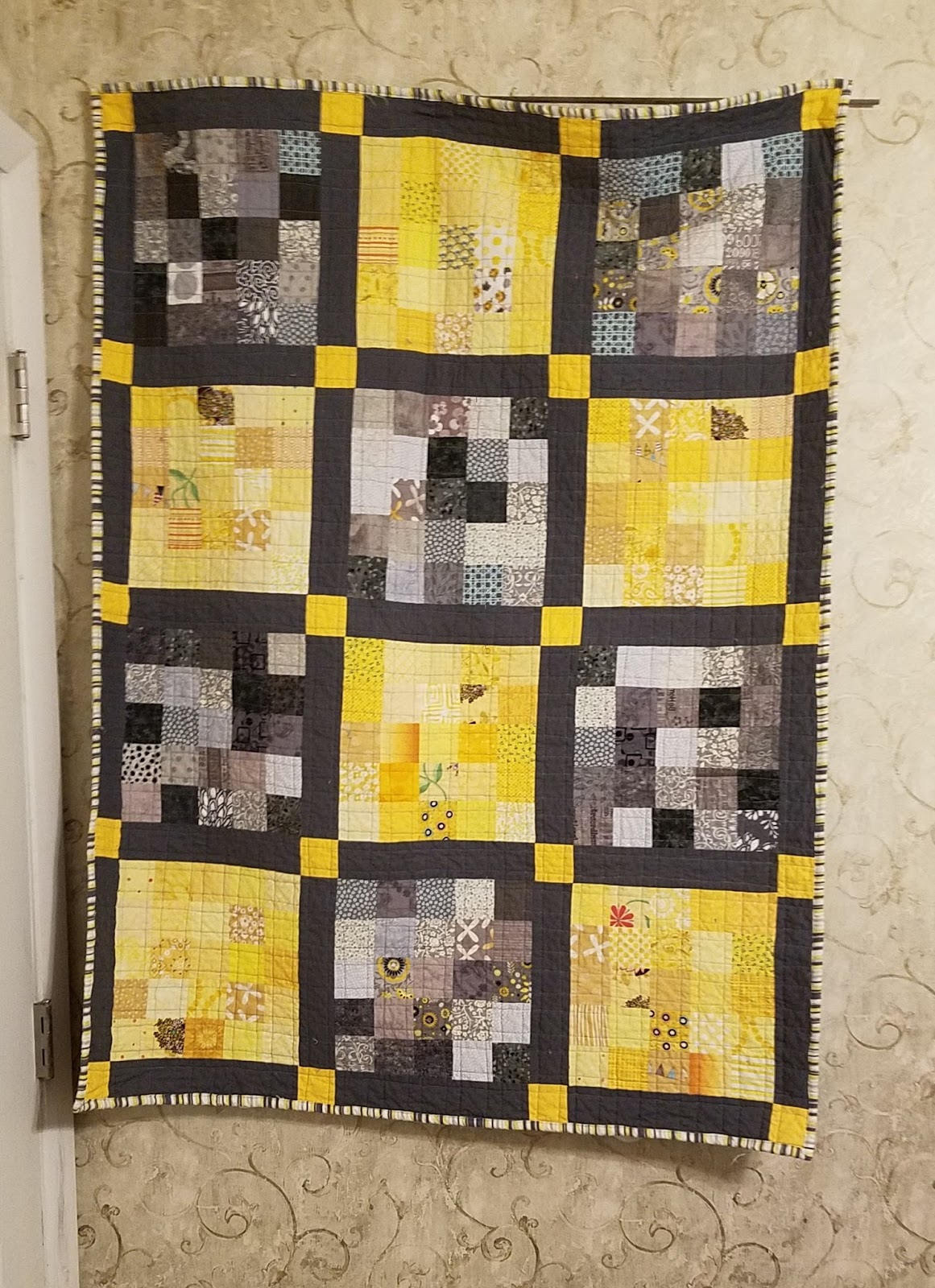 Richard and Tanya Quilts Yellow and Gray Scrappy Quilt