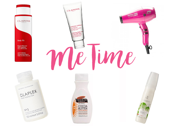 Me Time by Beauty boo Clarions Body Fit, Clarins Body Scrub, Parlux Hair Dryer, Olaplaex Number 3, Pamers Cocoa Butter, Wella Elements