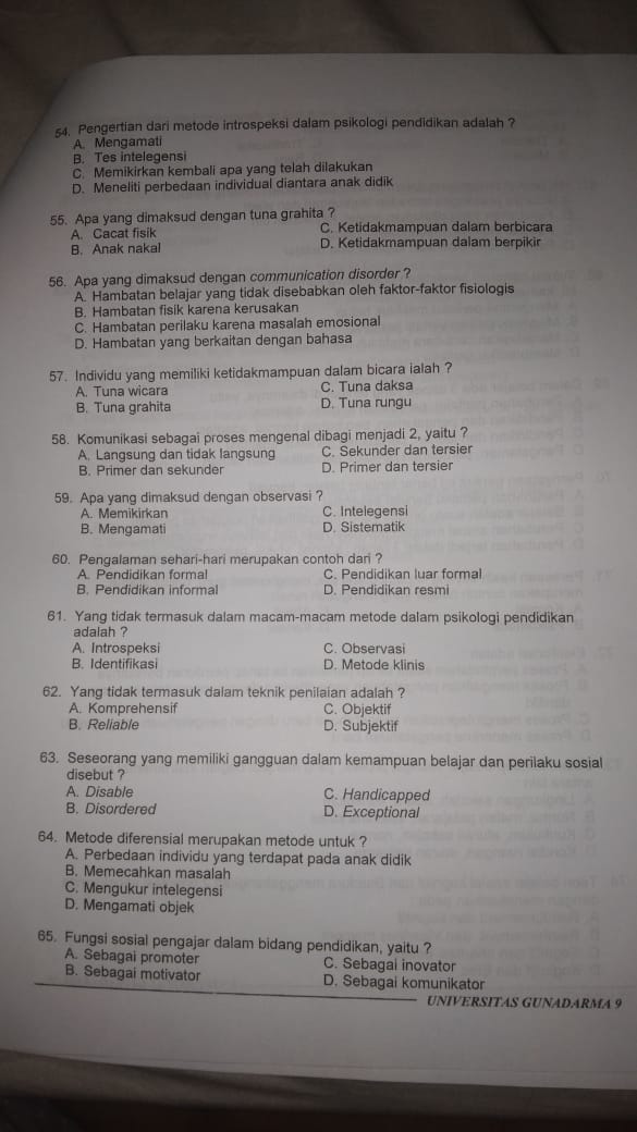Kumpulan Tugas Soal Ujian Utama Psikologi Pendidikan Psikologi Universitas Gunadarma