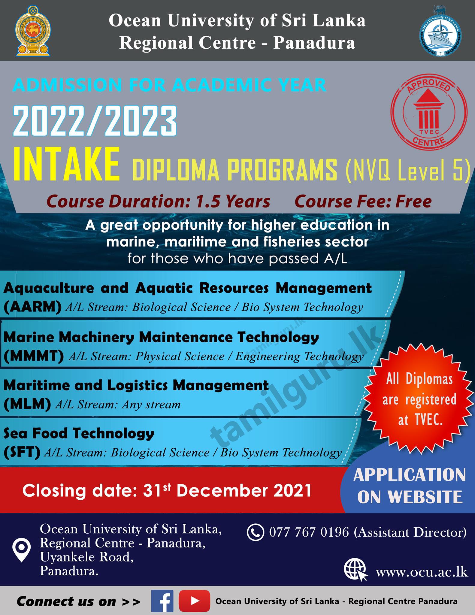 Ocean University Diploma Courses Intake 2021 for Panadura Center