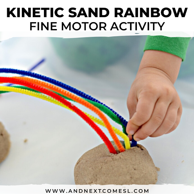 This preschool rainbow activity uses kinetic sand and pipe cleaners to work on fine motor skills