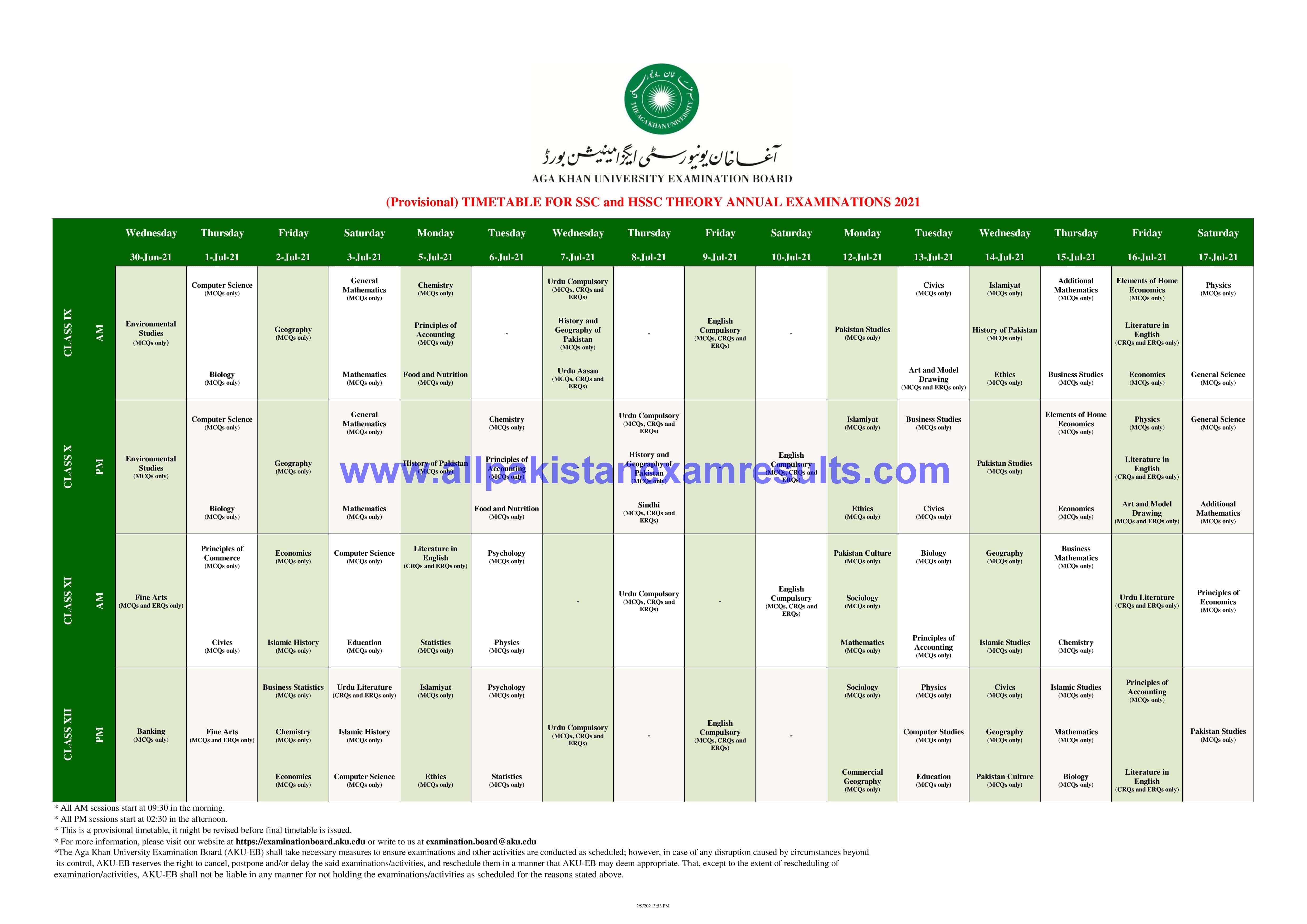 AKUEB Date Sheet SSC HSSC 2021