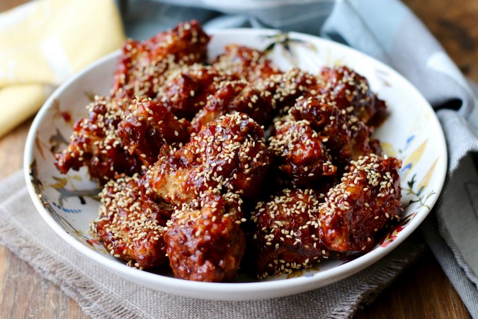 Korean-Style Fried Chicken Wings with sesame seeds