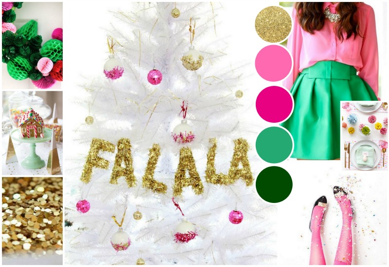 pink gold green glitter holiday christmas moodboard