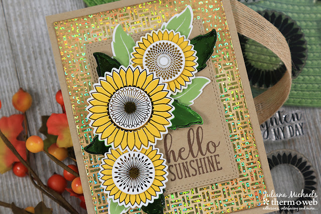 Hello Sunshine Card by Juliana Michaels featuring Therm O Web and Gina K Designs Graphic Sunflowers StampnFoil Stamp Set, Dies and Foil Mates