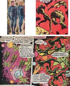 Jack Kirby's figures of Fantastic Four members floating in a dream dimension; Sal Trapani's swipes with Metamorpho and Element Girl floating in a sub-atomic world