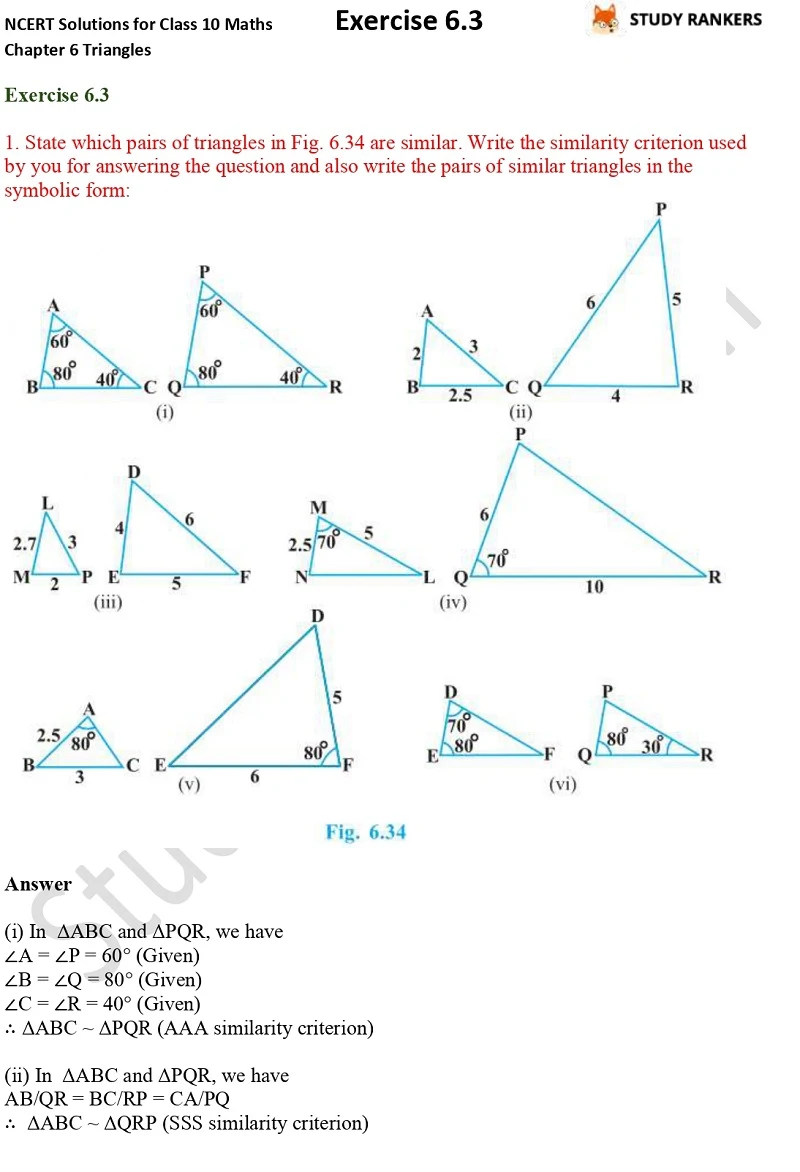 NCERT Solutions for Class 10 Maths Chapter 6 Triangles Exercise 6.3 Part 1