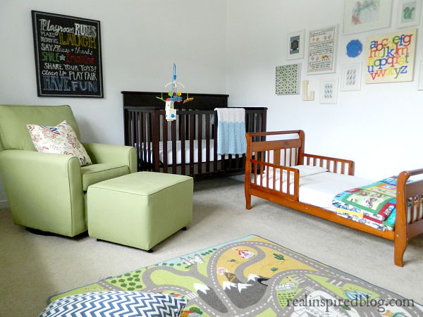 A boys' vintage modern nursery reveal! A simple makeover using a primary color palette to unify everything from toys to vintage heirlooms and sentimental objects.