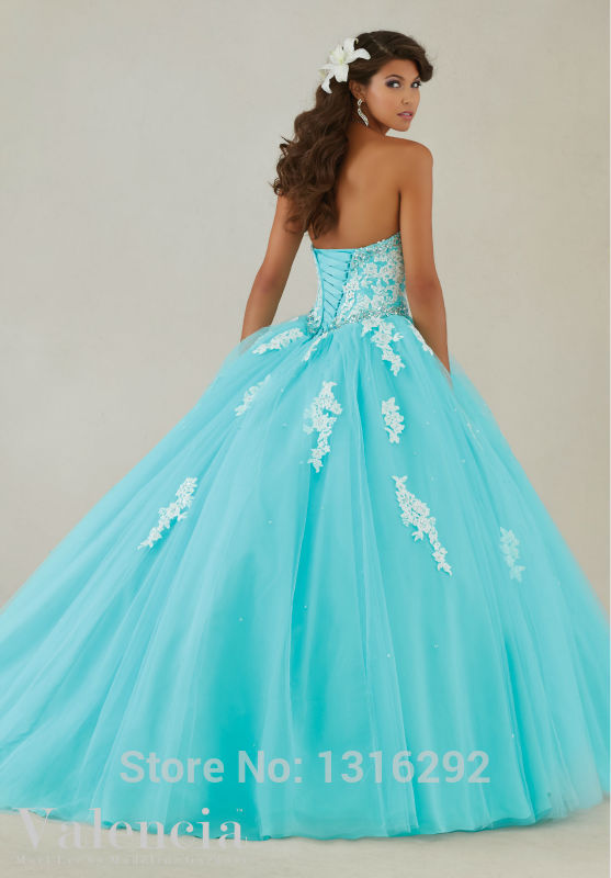 Tu Vestido De 15 A Os Vestidos De 15 A Os Color Celeste White Lace Appliques Beaded Sweetheart Bodice Corset Sky Blue Quinceanera Dresses Ball Gowns 2015 Vintage Style