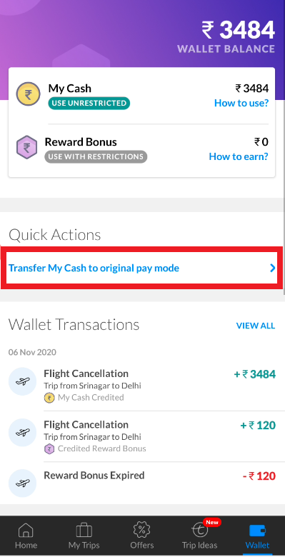 How to transfer make my trip wallet balance to bank account?