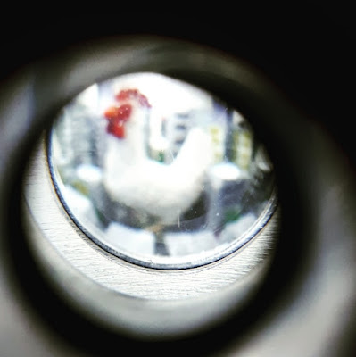 View through a peephole of agiant chicken in the middle of a model city.