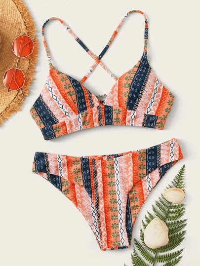 Geo Random Print Lace-Up Back Bikini Set