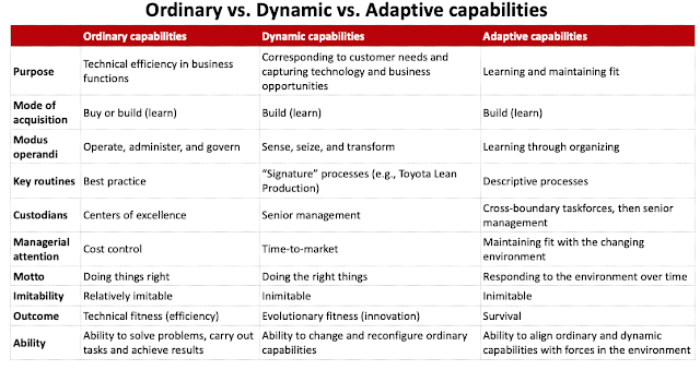 The comparison table for ordinary, dynamic, and adaptive capabilities