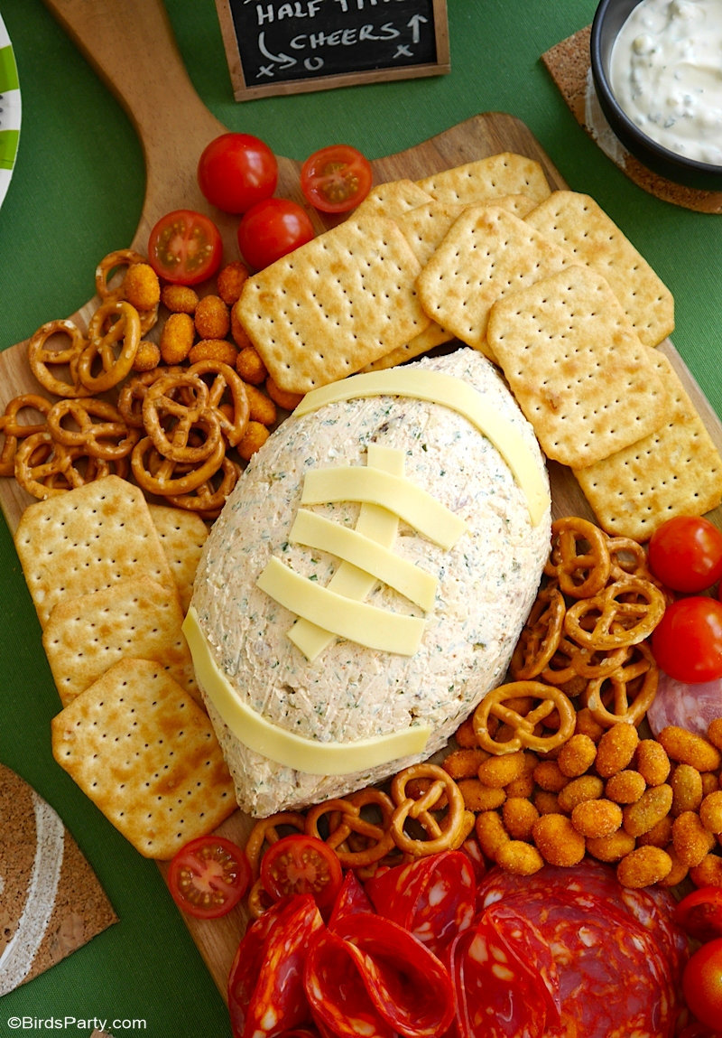Spicy Football Cheese Dip - quick, easy and delicious appetizer recipe for game day watching parties, Super Bowl parties and tailgating events! by BirdsParty.com @birdsparty #superbowl #football #appetizer #recipe #gamedayfood #gamedayappetizer #footballcheesedip #footballfood #superbowlparty