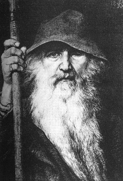 close-up print of an ancient man in a hat, with a long flowing beard and holding a stick