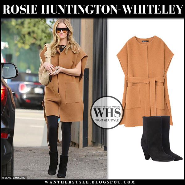 Rosie Huntington-Whiteley in camel sleeveless coat and black ankle boots in  Beverly Hills on January 30 ~ I want her style - What celebrities wore and  where to buy it. Celebrity Style