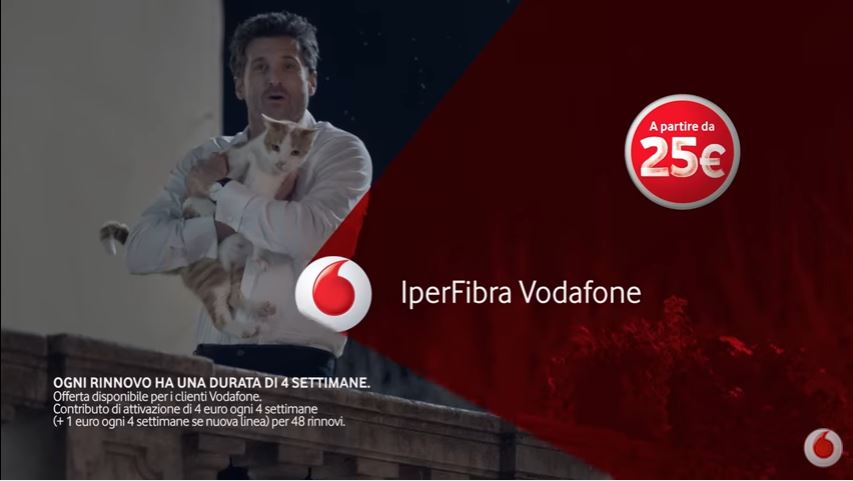 Modello Vodafone pubblicità con Patrick Dempsey e il gatto con Foto - Testimonial Spot Pubblicitario Vodafone 2017