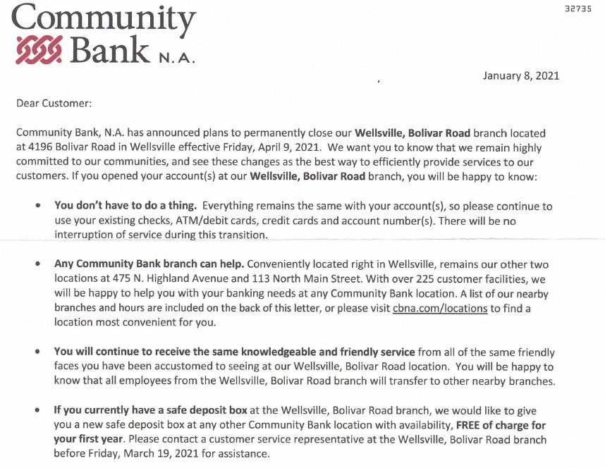 Wellsville Regional News (dot) com Wellsville Community Bank to close