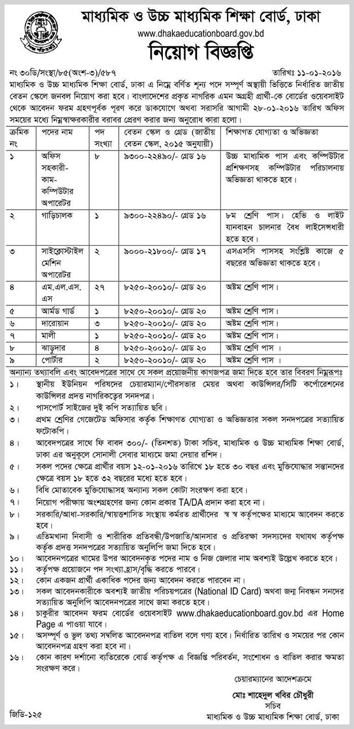 Dhaka Education Board Job Circular 2016