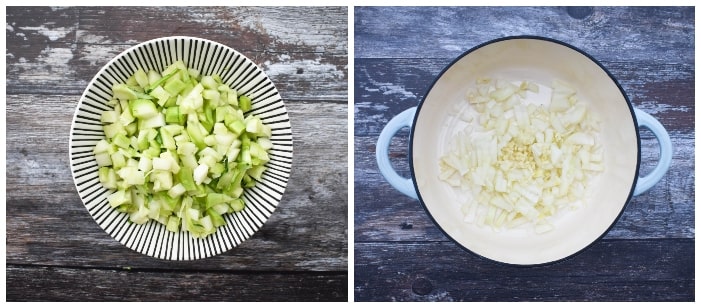 Making broccoli and pea soup - step 2 Making broccoli and pea soup - step 2 - broccoli stalks and onion sauteed