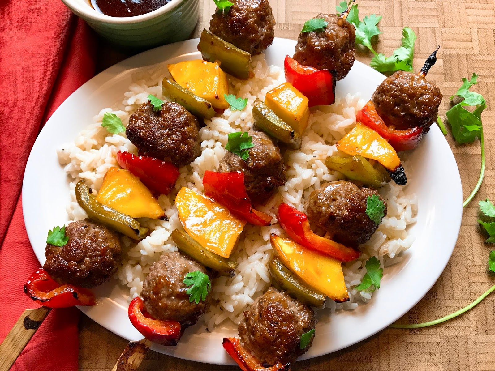 Sweet and Sour Meatball Kebabs with Mango and Peppers
