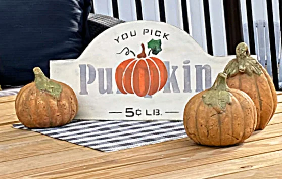 pumpkin sign on table with concrete pumpkins around