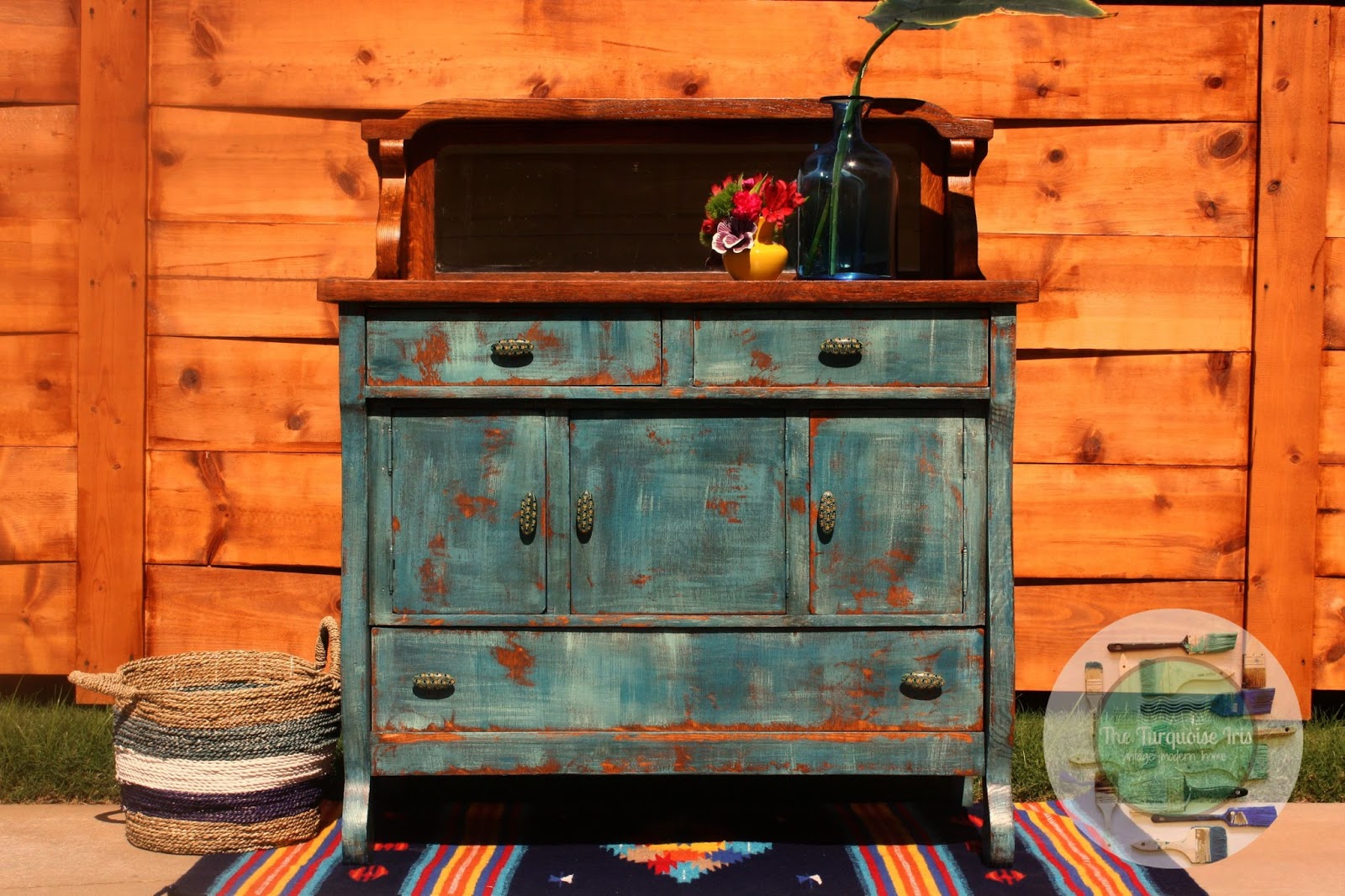 The Turquoise Iris Furniture & Art Antique Teal Sideboard Staged Outside