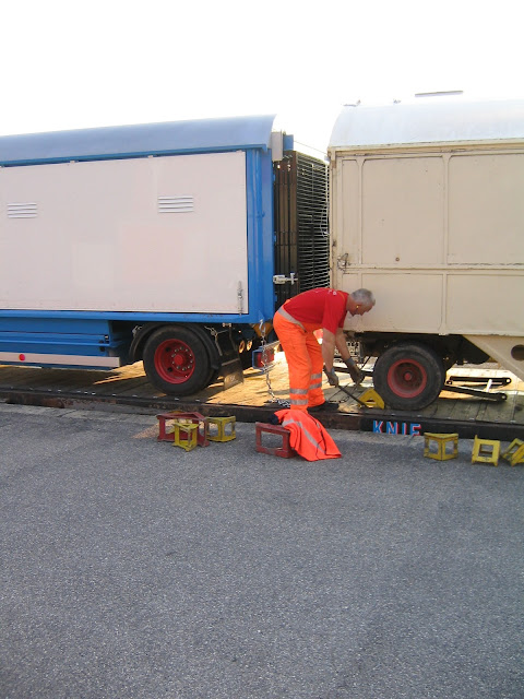 un employé di Cirque Knie  enlève les balles qui fixes les roulottes sur les wagons
