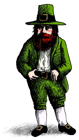 illustration of a small dour-looking man with a red beard, dressed all in green; vintage had with a buckle, knee breeches with white socks, buckles on shoes