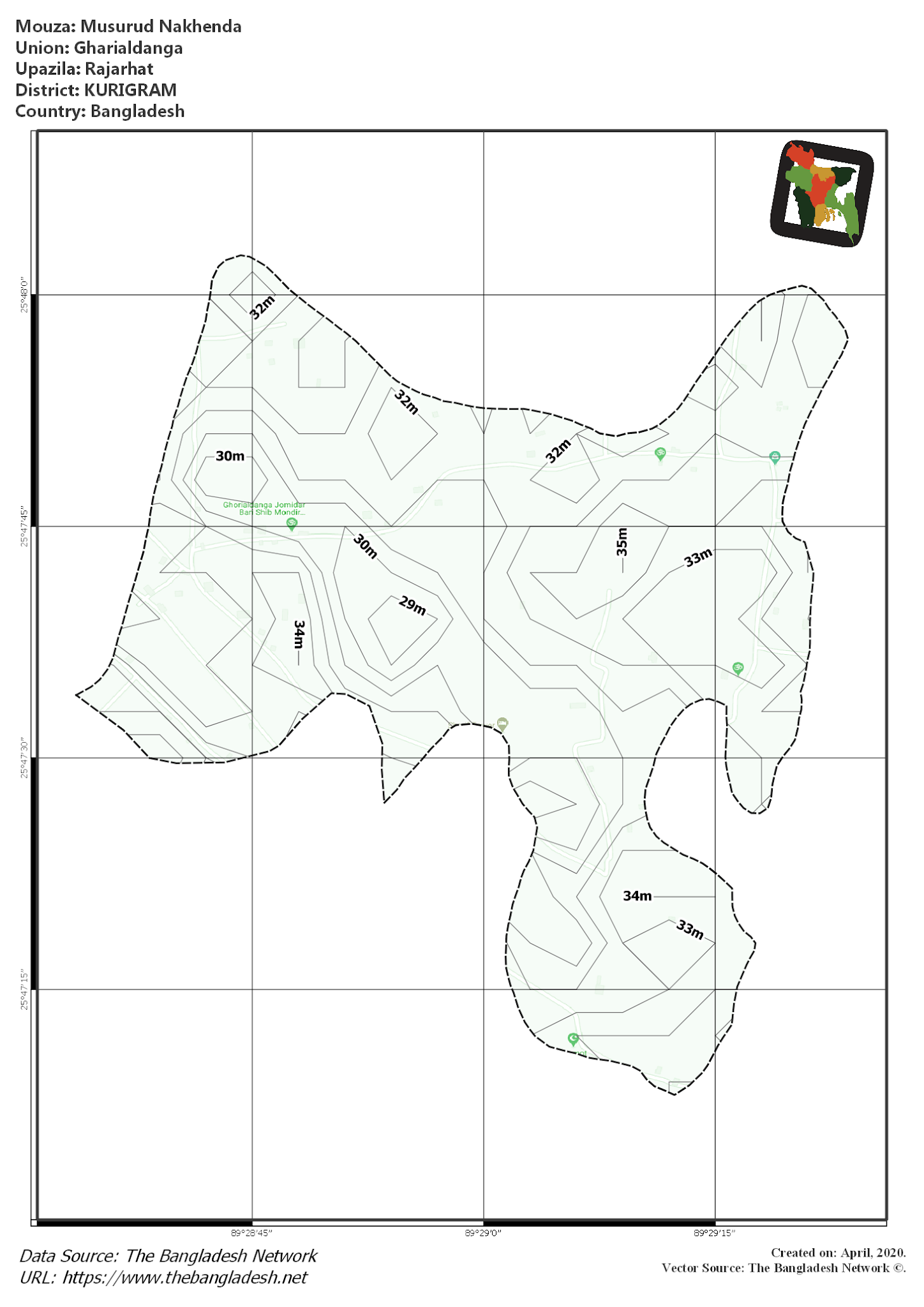 Map of Musurud Nakhenda Mouza of Rajarhat Upazila, KURIGRAM, Bangladesh.