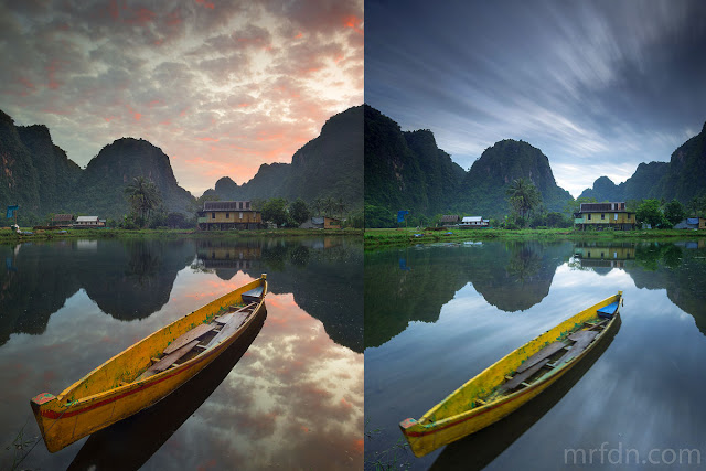 contoh foto landscape perahu dengan teknik slow speed dan teknik biasa