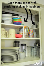 Apartment Living - gain more space with stacking shelves in cabinets :: OrganizingMadeFun.com