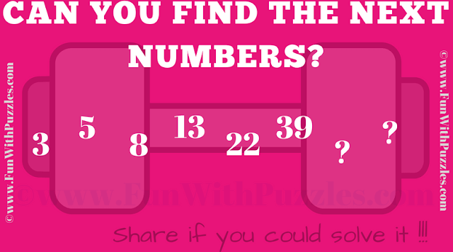 Can you find the next numbers in the series 3 5 8 13 22 39 ? ?