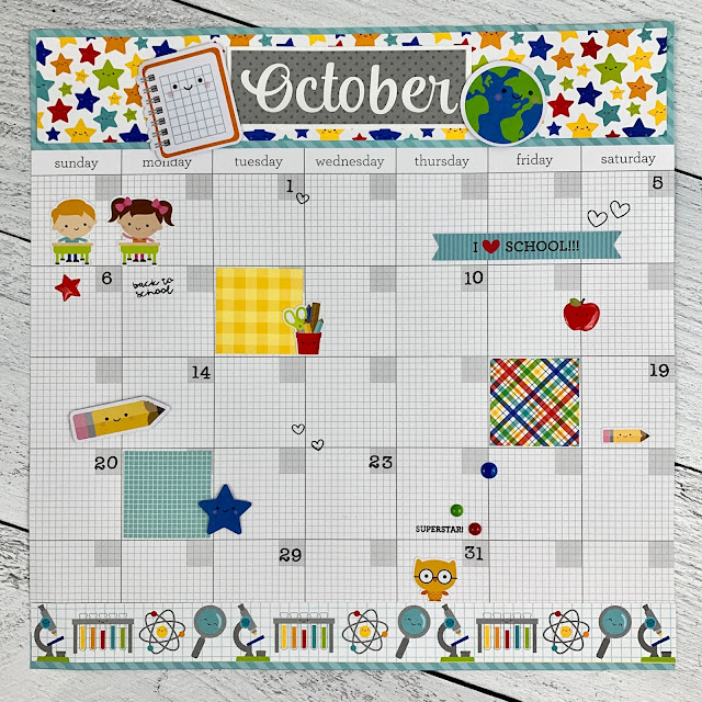 School Calendar Scrapbook Page Layout with stars and school supplies