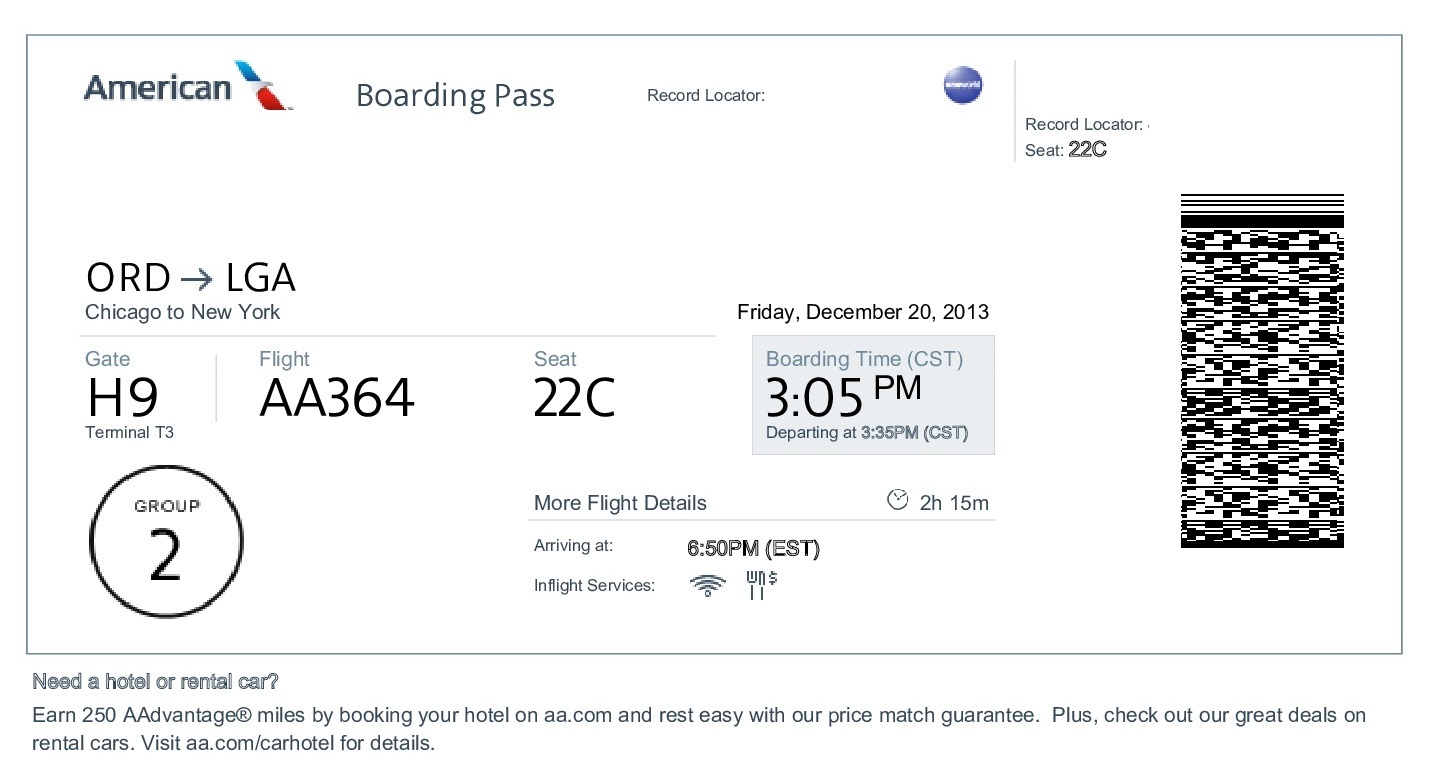 The traveler's drawer AMERICAN AIRLINES. Boarding pass for the flight