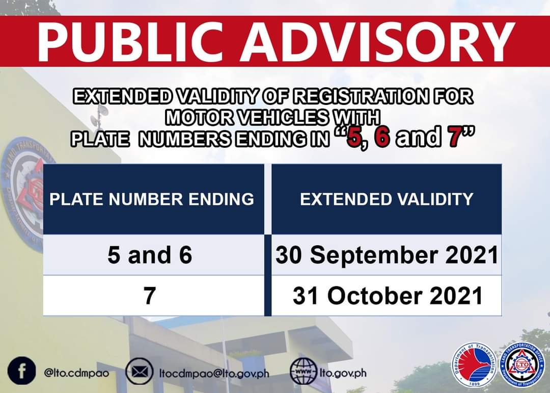 LTO Validity of vehicle registration with plates ending in 5, 6, 7