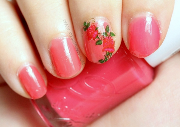 Etude House nail polish OR202 - Grapefruit syrup with pink rose vine water decal