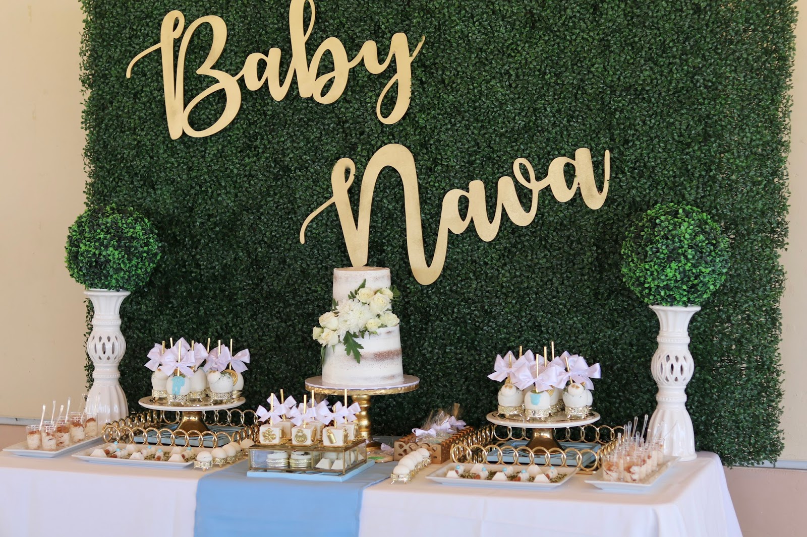 Baby Shower Dessert Table Baby Shower Dessert Table, gold and blue themed baby shower, elegant dessert table