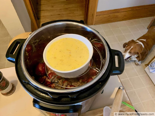 photo of Instant Pot loaded with potatoes, sausage, and eggs ready to cook