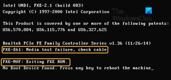 PXE-E61 : Échec du test du support, vérifiez le câble