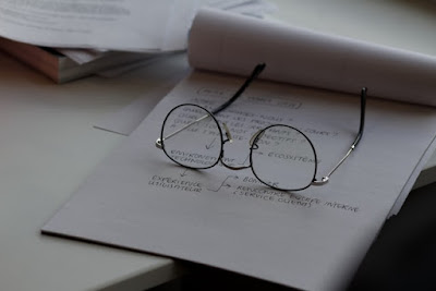 Reading glasses on pad of paper.