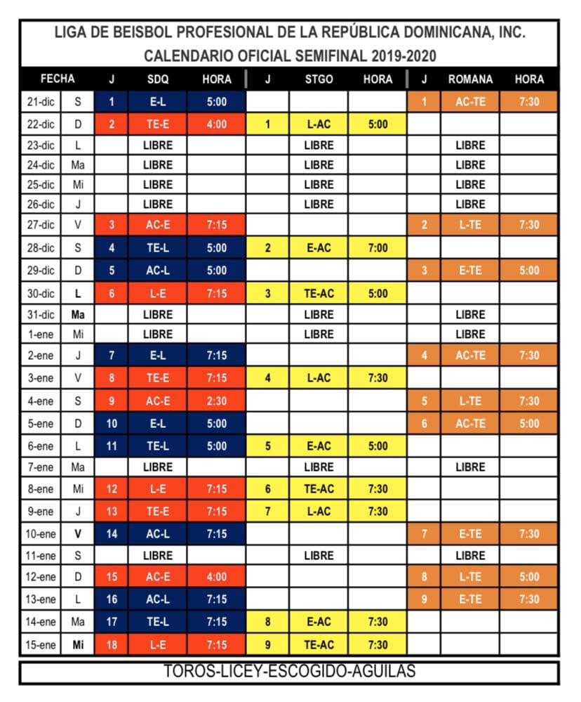 Así será el calendario de la semifinal de la pelota invernal