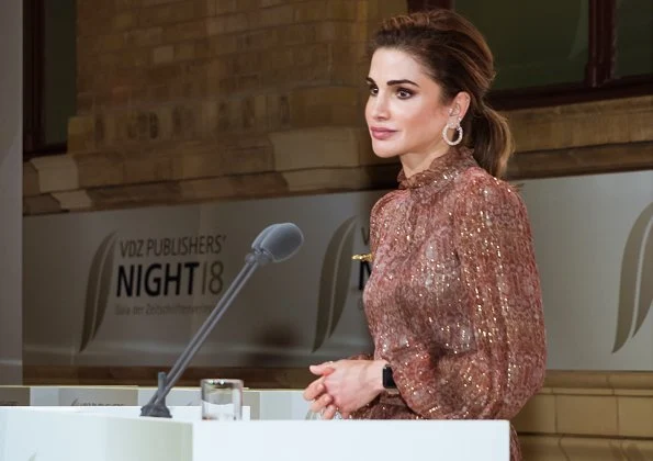Queen Rania wore Ulyana Sergeenko dress from Fall-Winter 2017-2018 Demi-Couture collection, and Bottega Vaneta pumps