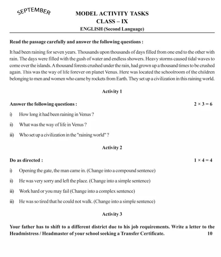 Model Activity Tasks | English | CLASS 9 | September | 2021 | PDF | Question & Answer