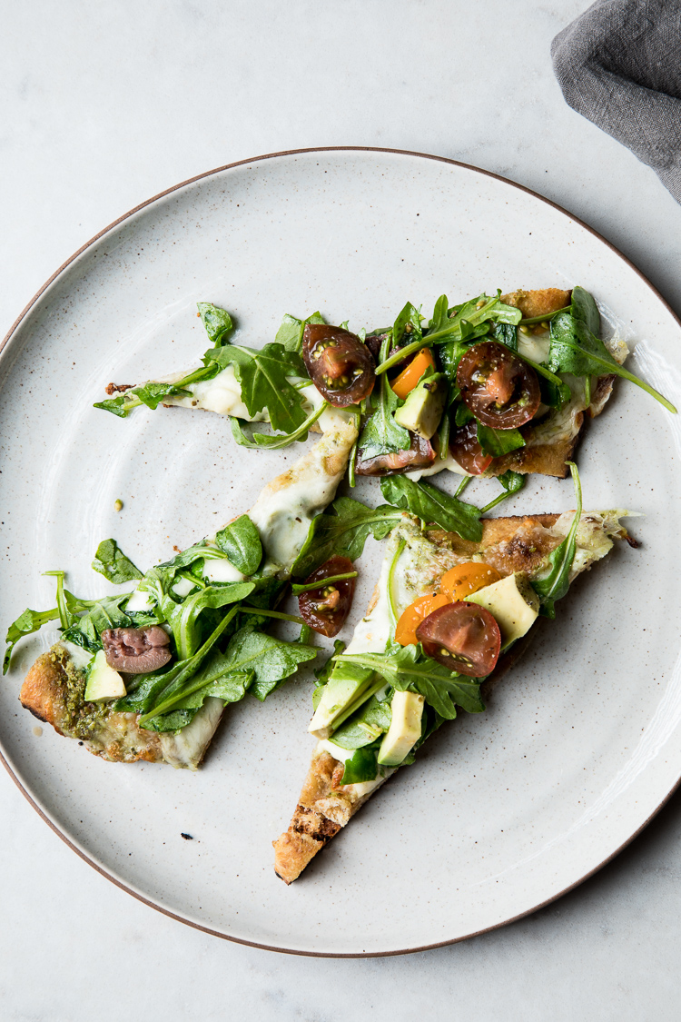 Flourishing Foodie Grilled Flatbread with Mozzarella, Basil Pesto