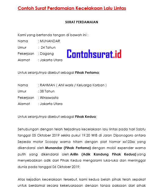 Contoh Surat Perdamaian Kecelakaan Lalu Lintas Korban Meninggal Dunia Terbaru
