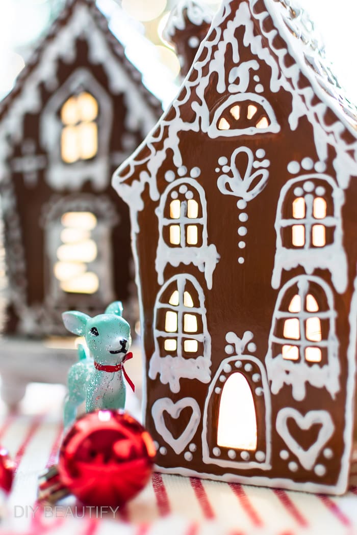 lighted gingerbread cottages and retro deer