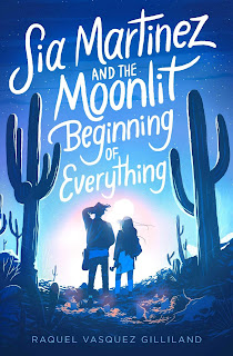 Two teenagers are silhouetted against a blue dawn in the desert between two saguaro cacti. The boy has his hand raised to shied his face from the morning sun, a few strands of the girl's long hair are blowing in the wind.