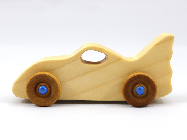 Handmade Wood Toy Car - The Bat Car From the Play Pal Series Clear and Amber Shellac with Metallic Blue Hubs