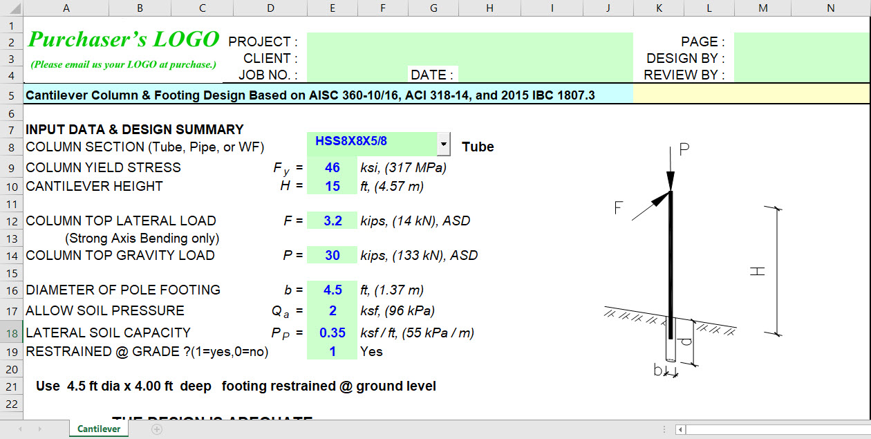 Cantilever Column & Footing Design Spreadsheet Engineering Books